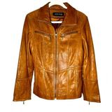 Vintage Anne Klein Longer Line Camel Faux Belted Leather Jacket Sz M Photo 0