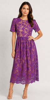 Dalia MacPhee Lace Midi Dress Women Medium Purple NWT Floral Guipure Lace‎ Party Photo 0