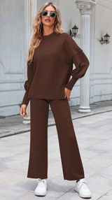 Sweater Set Women's Two Piece Long Sleeve Knit Top Brown Photo 0