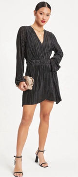 Elegant Night Out Vici Black V-Neck‎ Long Sleeve Mini Dress with Pleats Formal Photo 0