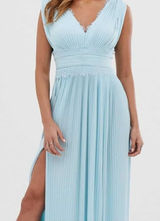 ASOS Light Blue Pleated‎ Lace Trim Maxi Dress Sleeveless V-Neck Wedding Guest 4 Photo 0