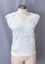 Vintage‎ Sweater Vest White Floral Pastel Knit V-Neck Cotton G.F.C. Ltd Size M Photo 0