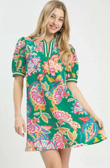 Umgee Jacquard Paisley Print Puff Sleeve Tunic Dress - Emerald Mix - Small Photo 0