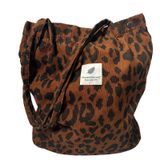 Leopard Print Corduroy Tote‎ Bag Brown Black Animal Pattern Snap Closure Lined Photo 0