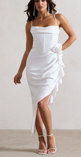 Club L London On The List White Asymmetrical Corset Midi Dress Floral Drape $145 Photo 0