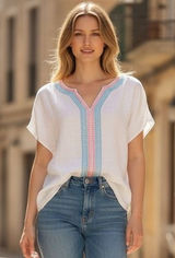 House of Harlow 1960 Womens White 100% Linen Embroidered V-Neck Top Size M‎ Photo 0