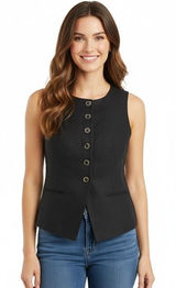 J Crew Top Womens 2 Black Linen Blend Vest‎ Sleeveless Button Up Classic CI309 Photo 0