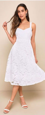 Lulus Divine Beauty White Lace Midi Dress With Pockets Size XS NWT Bridal Beach Photo 0
