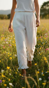 NWOT Illusions White Boho Crepe Cotton Gauze Cropped Pants Size L Lettuce Hem Photo 0