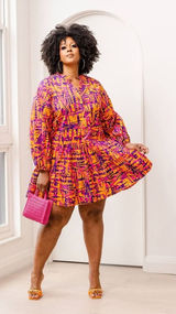 Diyana Women African Print Dress‎ Orange Pink Abstract Tiered Bohemian Artsy Photo 0