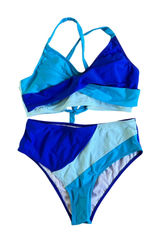 Rosvigor Swimsuit High‎ Waist Bikini Set Twist Front Top Blue Color Block L Photo 0