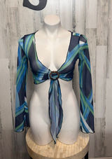 SheIn Abstract Print Mesh O-Ring Tie Front Crop Top Womens Small Blue Green Long Sleev Photo 0