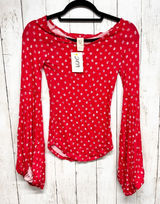 We‎ The Free Top Women Size XS Red Dot Print Boat Neck Puffed Long Sleeve Blouse Photo 0