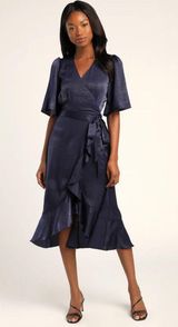 Lulus Wrapped Up In Love Navy Blue Satin Faux-Wrap Midi Dress Photo 0