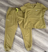 Figs Olive Green Scrub Set Large Top and Pants with Neon Drawstring Xflawedx Photo 0