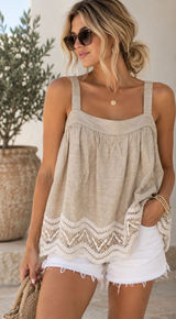 Parker The Brighton Scallop Babydoll Top Oatmeal Linen Blend Crochet Medium Photo 0