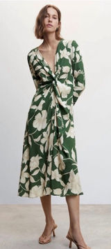 Mango MNG Women Green Floral Midi Dress 10 Green Knot Front Resort Vacation Photo 0