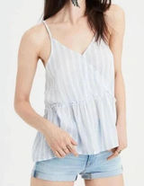 American Eagle Women's Cami Tank Size XS Blue White Strappy Faux Wrap Top NEW Photo 0
