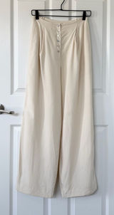 100% Silk High-Waist Wide Leg Lined Pants in Ivory with Mother of Pearl Buttons Photo 0