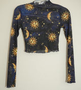Ragstock Celestial Sun Moon Star Sheer Mesh Crop Top Navy Blue Mock Neck Photo 0