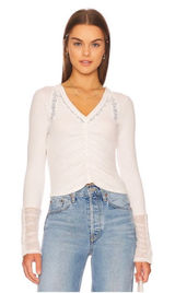 Free People Wear Me Out Thermal Mesh Long Sleeve Ruched Top‎ in White Sz M Photo 0