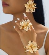 3-Piece Gold Flower Jewelry Set | Statement Earrings, Ring & Cuff Bracelet Photo 0