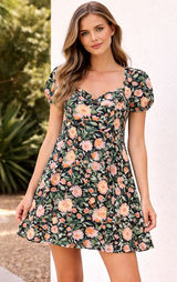 Lila Rose Floral tropical mini dress‎ dark floral stretchy sleeves large beach imperfect Photo 0