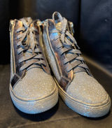 Silver Glitter High Top Sneakers Metallic Patent Trim Double Zip Fashion Shoes‎ Photo 0
