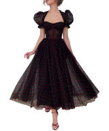 Heart Print Tulle Corset‎ Midi Dress Small Black Red Goth Coquette Prom Formal Photo 0