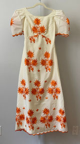 VTG Prairie Dainty Embroidered Floral Scalloped Maxi Dress XS White Orange Photo 0