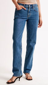 Abercrombie the 90s Straight Mid Rise Curve Love Jeans in Dark Marble Photo 0