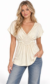 Cherie Tunic Top Medium VTG Y2K Coquette Braided V Neck Boho Crochet Medallion Photo 0