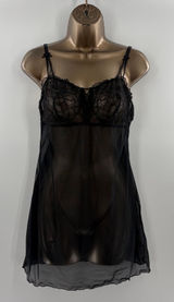 Black Sheer Lace Babydoll Lingerie Chemise Bow Detail Mesh Nightgown Photo 0