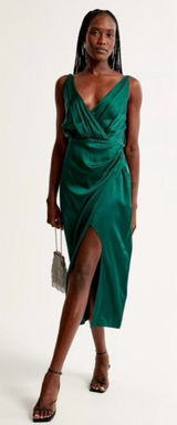 NWT Abercrombie & Fitch Satin Draped Wrap Midi Dress Emerald Green Small Petite Photo 0