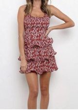 New Petal&Pup Tiered Ruffle Flowers Lined Mini Dress Red Size‎ Small Photo 0