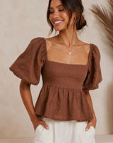 Aurelia‎ Parks Francesca's Peplum Top XL Brown Puff Sleeve Tie Back Photo 0