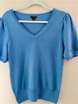 Ann Taylor Factory Blue Short Sleeve Puff Sleeve V-Neck Knit Sweater Top Size M Photo 0
