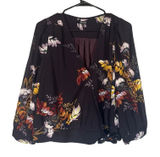 Madewell Black Floral Wrap Style V-Neck Long Sleeve Tie Waist Blouse Women Sz L Photo 0