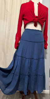 Chaps Maxy SKirt L Navy Blue Crinkle Gauze Tiered Large Boho 100% Cotton Flowy Photo 0