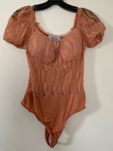 Lulus Coral Lace Corset Bodysuit Womens Medium Coquette Romantic Lace Top Photo 0