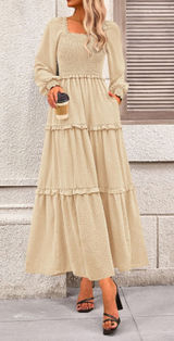 PrettyGarden Cream‎ Swiss Dot Smocked Tiered Maxi Dress Long Sleeve Beige Medium Photo 0
