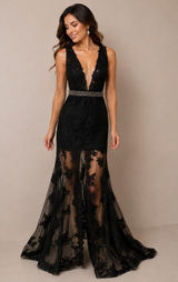 Sherri Hill Black Lace Plunging V-Neck Beaded Waist Formal Gown Dress Size 4 Photo 0