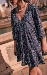 Sézane Aura babydoll eyelet floral 3/4 sleeve Dress in navy blue size 2 Photo 0