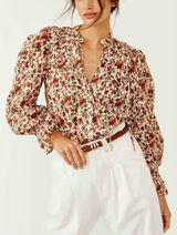 FREE PEOPLE Meant To‎ Be Blouse Floral Vintage Combo Ruffled Smocked Small Photo 0