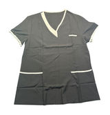 Womens Black White Trim V-Neck Scrub Top Short Sleeve Housekeeping Uniform Large Photo 0