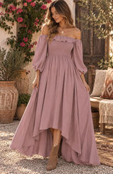 Joyfolie Boho Odette Dress Mauve High Low Maxi Smocked Ruffle Off Shoulder L Photo 0