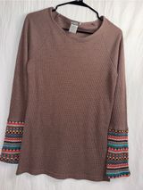 Earthbound Trading Co. Waffle Knit Long Sleeve Top Fair Isle Cuffs XL Photo 0