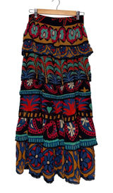 Farm Rio Tiered Maxi Skirt Womens XS Multicolor Good Pom Pom Trim Tropical Photo 0