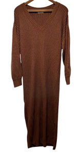 in loom women's sweater dress size M‎ brown v-neck acrylic knit long sleeve Photo 0