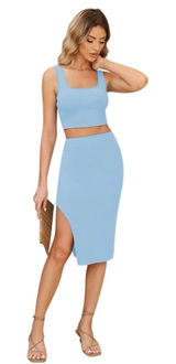 Women's 2 Piece Outfits Tank Top Ribbed Knit Bodycon Slit Skirt Set Blue small Photo 0